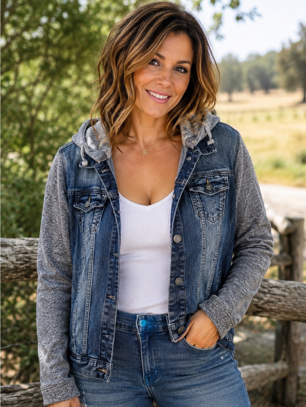 New Look Blue Denim Jacket with Gray Knit Sleeves